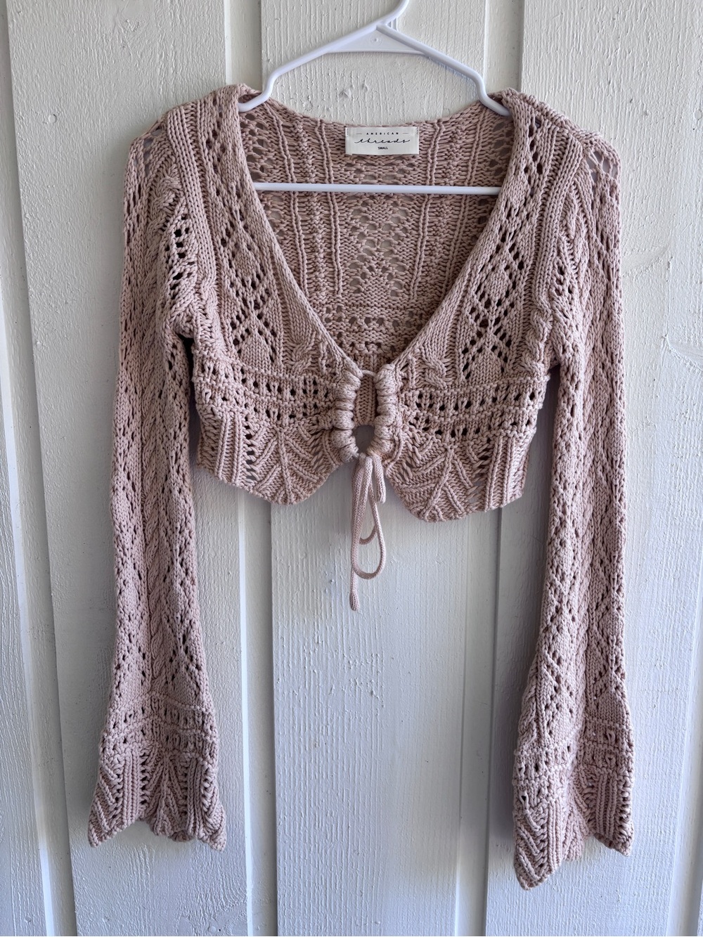 American Threads Crochet Tie-Front Crop Sweater